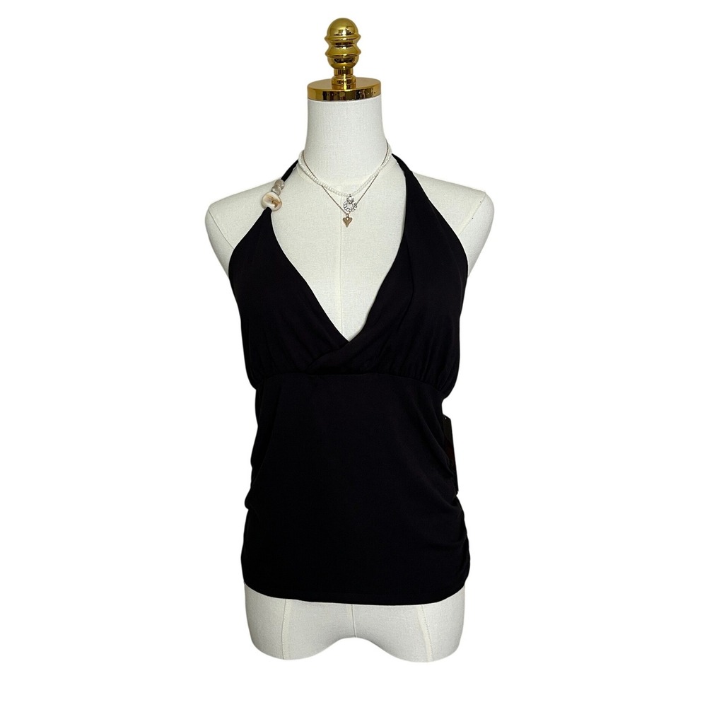 Heart & Moon Black Halter Top Beaded Strap Ruched Surplice V-Neck‎ TJ1262 Large